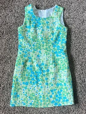 Vintage 90s Girls Sleeveless Floral Shift Dress in Aqua and Lime Easter